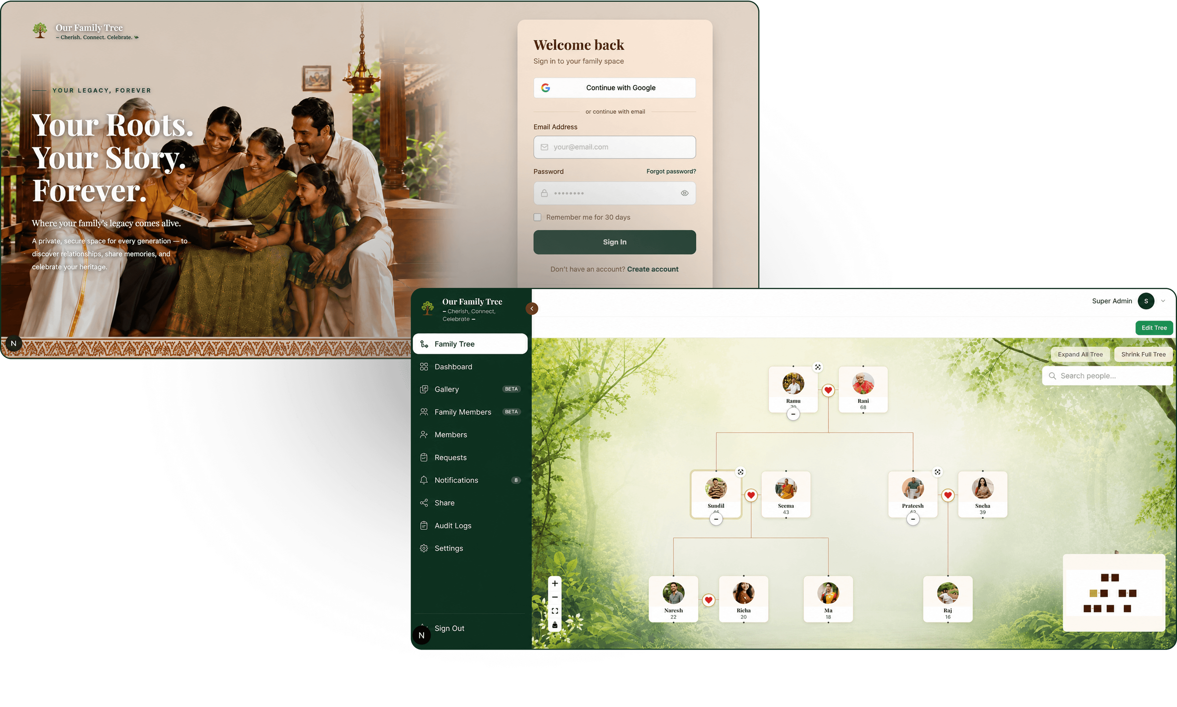 Our Family Tree showing a multi-generation tree view