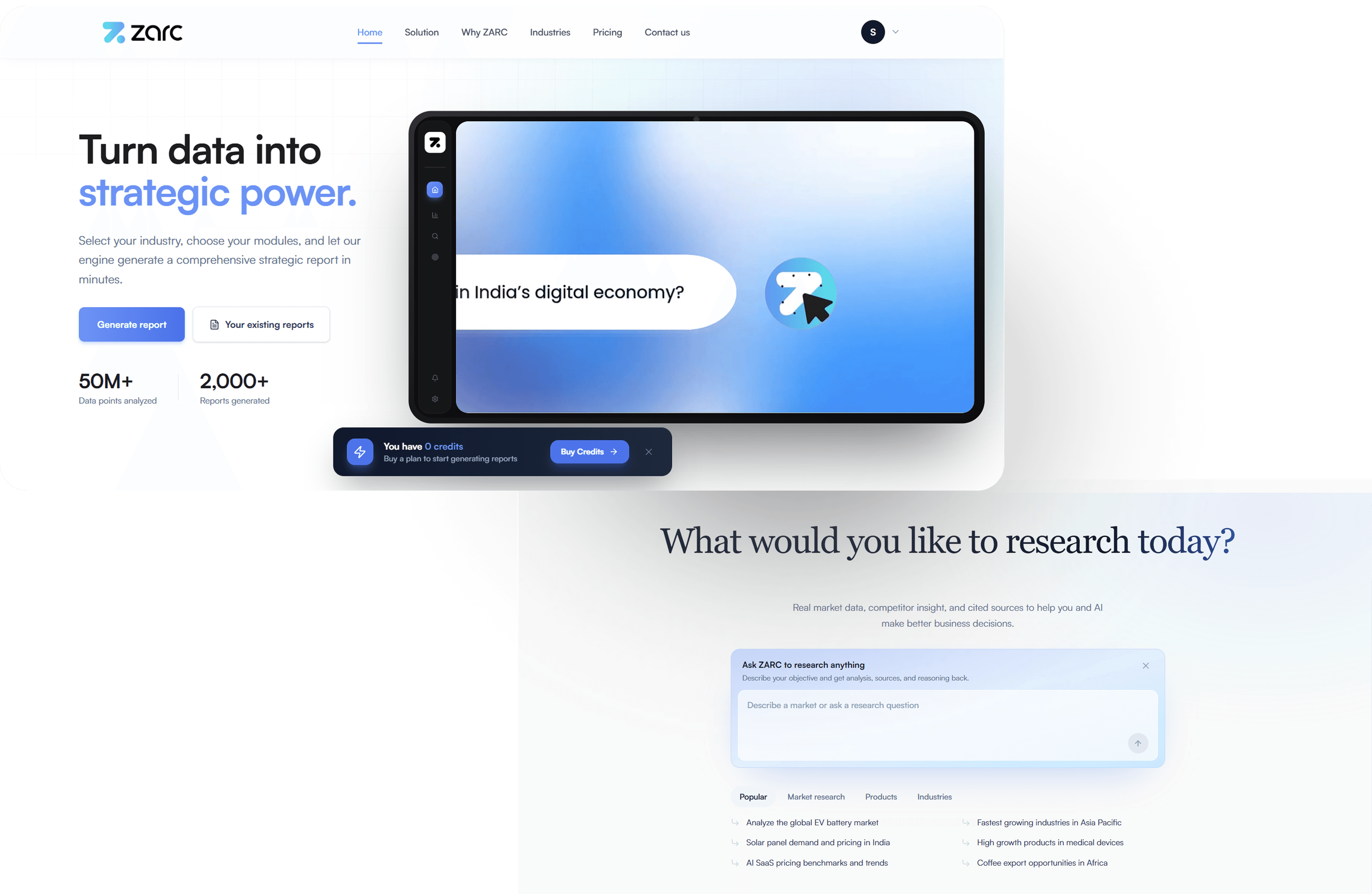ZARC research console generating a report from a one-line brief