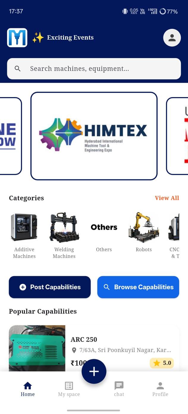 MC Space app home screen with machine categories and capabilities