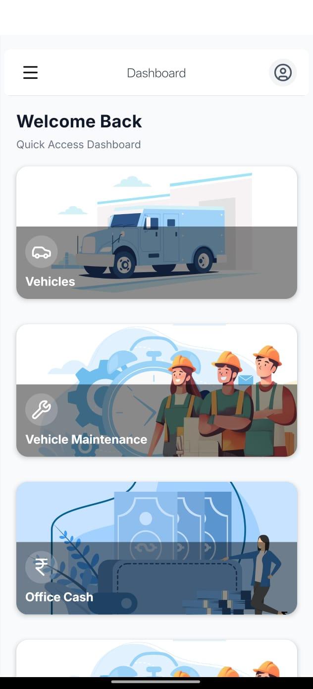 RBM app dashboard with vehicles, maintenance and office cash