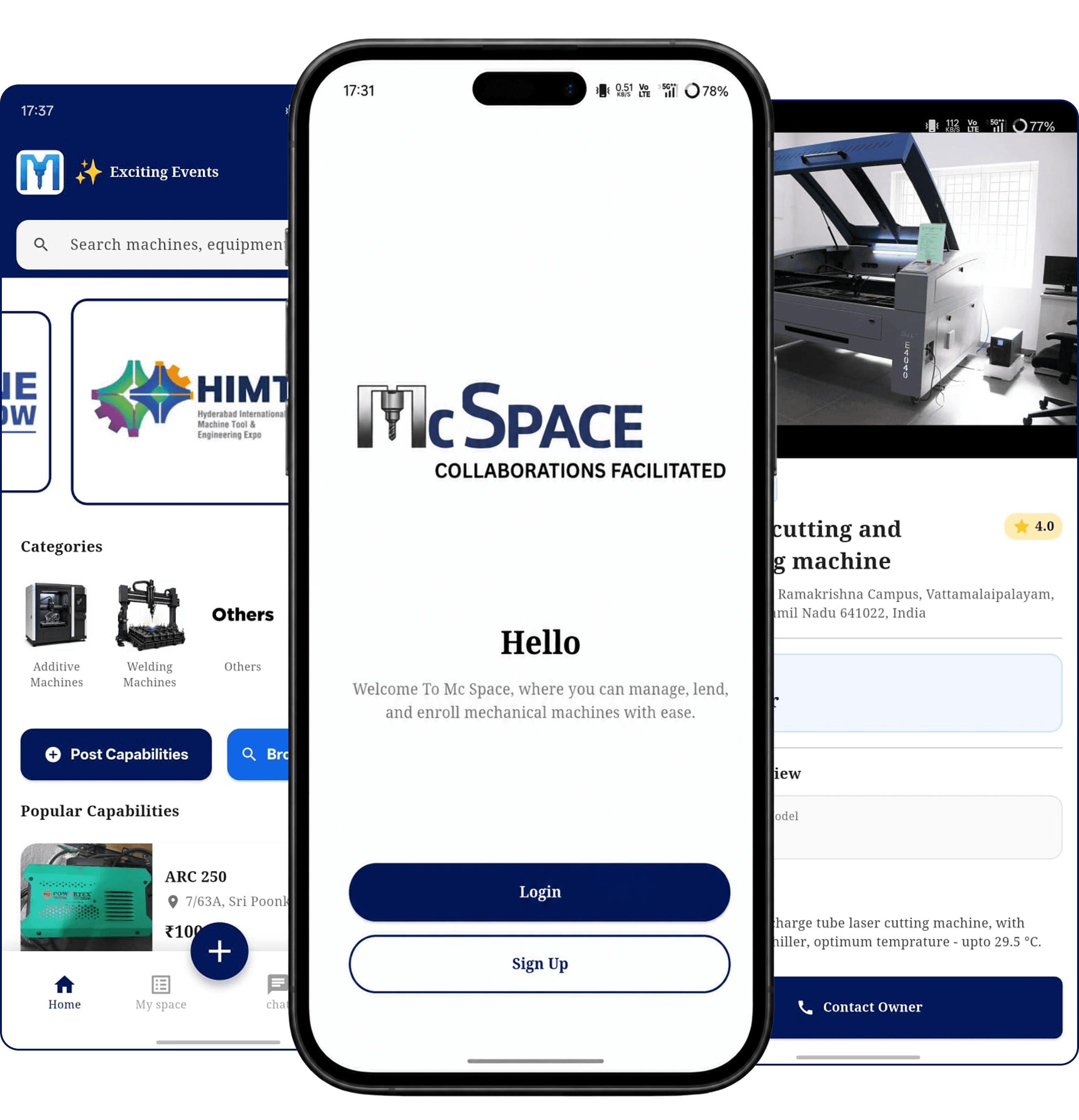 MC Space app home screen with machine categories and capabilities