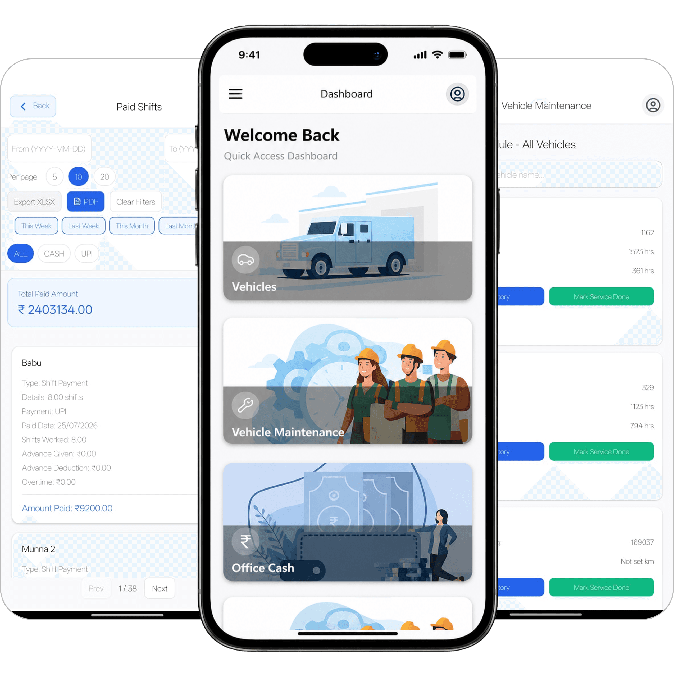RBM app dashboard with vehicles, maintenance and office cash