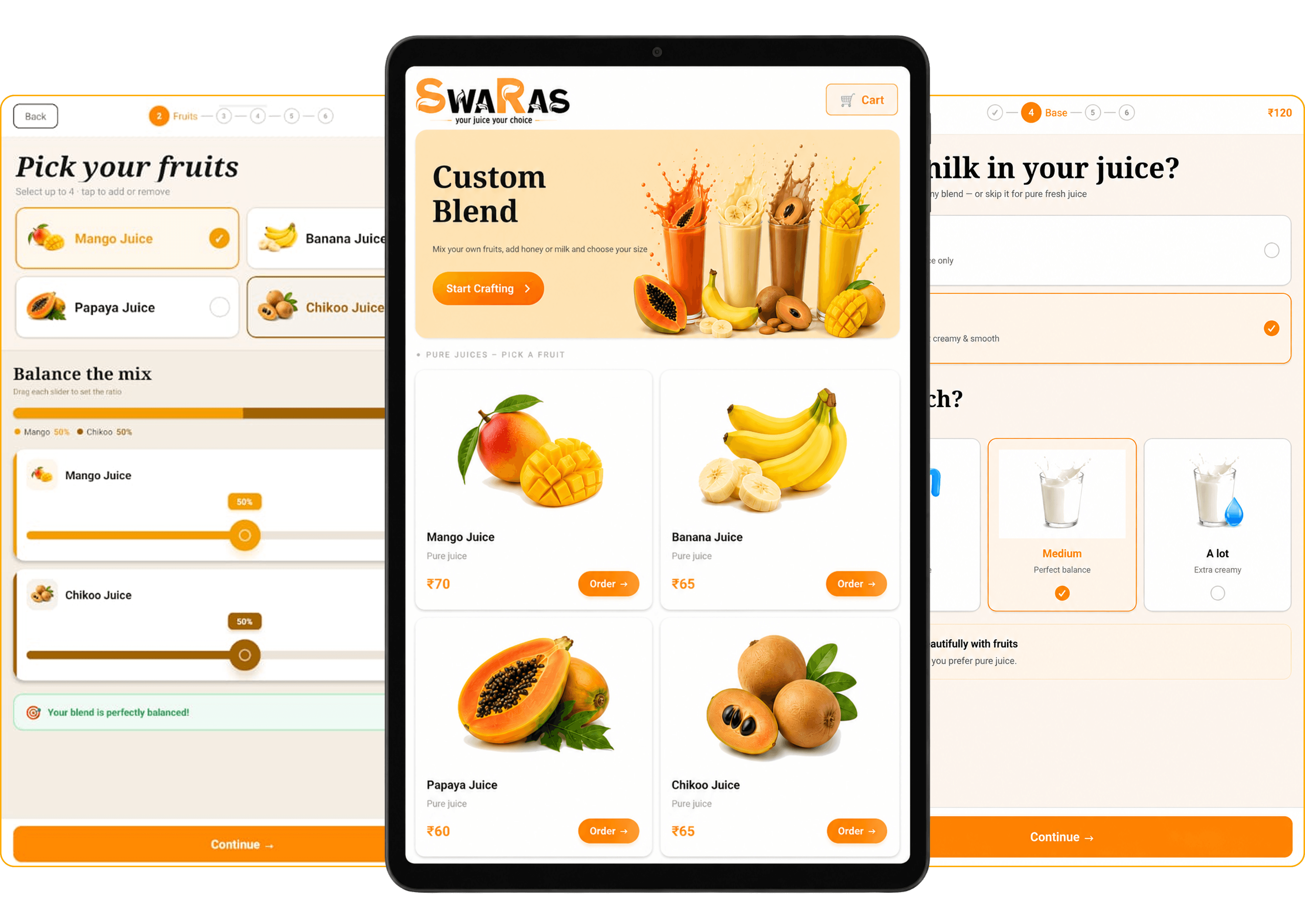 SwaRas juice menu with custom blend crafting and fruit selection